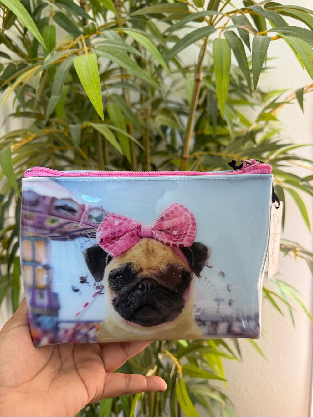 CATSEYE London Pug Print Cosmetic Pouch with Pink Bow